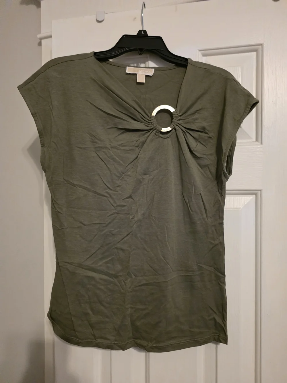 Michael Kors Olive Green Short Sleeve Top with Silver Ring Detail